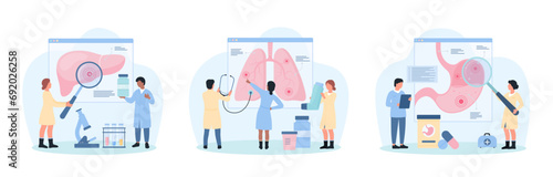 Study of internal organ diseases set vector illustration. Cartoon tiny doctors with stethoscope and magnifying glass research digital anatomy, medical infographic charts with liver, lungs and stomach