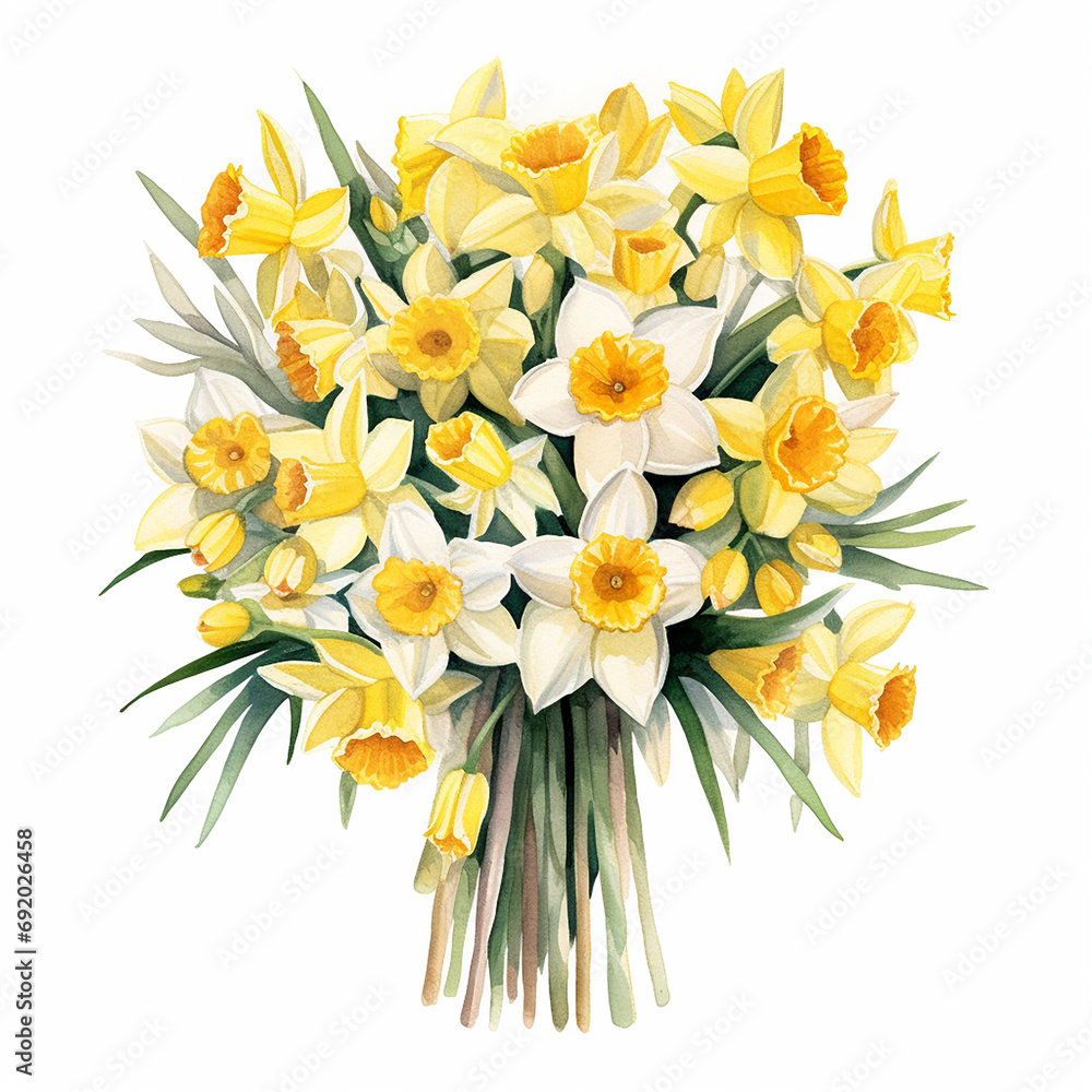 daffodils bouquet children's book watercolor illustration on white background