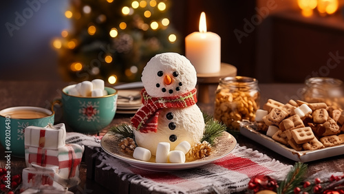 ice cream snowman on a decorated New Year's table. Christmas decor and treats. Cookies, marshmallows, candles and Christmas tree