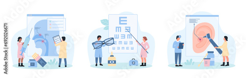 Ear and eyes, nose, and throat health set vector illustration. Cartoon tiny doctors check hearing and otolaryngology diagnosis in ENT clinic, ophthalmologists test eyesight on ophthalmology exam