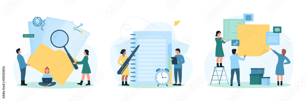 Data management and daily task organization set vector illustration. Cartoon tiny people make memo notes in paper notebook and stickers, plan agenda, add and organize business files in folders Data management and daily task organization set vector illustration. Cartoon tiny people make memo notes in paper notebook and stickers, plan agenda, add and organize business files in folders