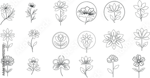 手描きのミニマリストな花のラインアートコレクション。モノクロの植物のイラストは、エレガントな招待状、グリーティングカード、プリント、ポスター、パッケージに最適。詳細な花と葉の輪郭、白黒のアートワーク。自然の美しさをシンプルに、ベクターグラフィック photo
