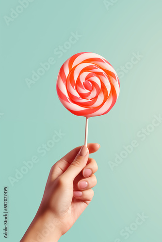 hand holding lollipop isolated on mint plain wall studio background, bright summer sunlight shadows