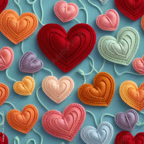 Hobbies and needlework, Cute handmade hearts, knitted from woolen threads,