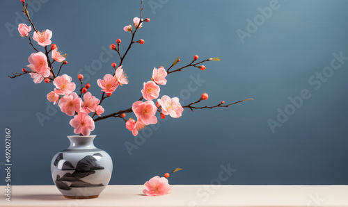Flowering peach branches in vase on Vietnamese New Year's Day. Empty space.