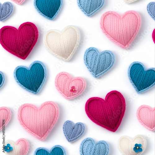 Background for Valentine's Day, Hobbies and needlework, Cute handmade hearts, knitted from woolen threads,