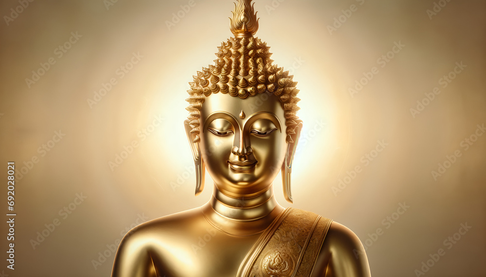 Portrait of a gold Buddha, depicted in a serene and peaceful expression, with intricate details and a luminous, reflective quality.