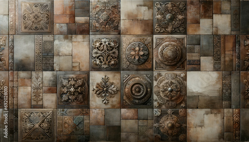 Old brown gray rusty vintage worn shabby patchwork motif tiles stone concrete cement wall texture background banner.