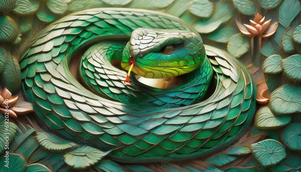 Obraz premium Sculpted Serenity: Emerald Serpent of Prosperity, Wooden Art for Chinese New Year, with Copy Space, AI Generated
