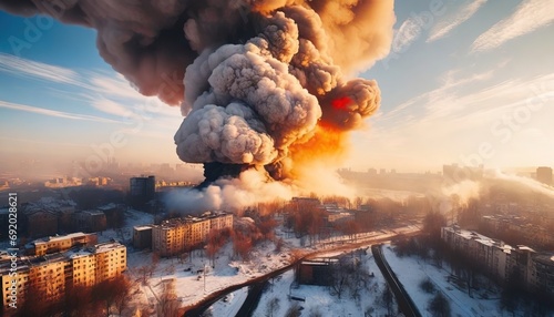 A billowing smoke cloud engulfs the skyline, signaling an emergency in a snowy urban environment.