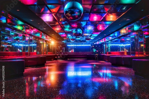 Interior of a night club with bright lights, neon lights and disco balls