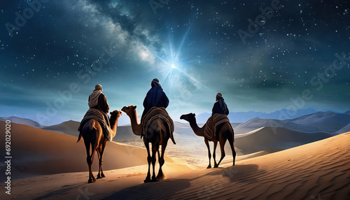 Foto Under a starlit sky, Three Kings or Wise Men on camels traverse the desert dunes, following a bright Star of Bethlehem on the horizon, journey on Epiphany Day
