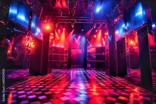 Interior of a night club with bright red and blue lighting.