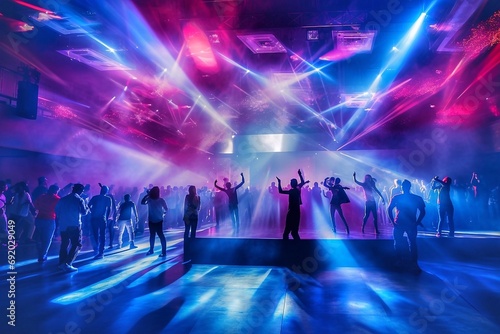 Colorful night club with people dancing and having fun on dark background photo