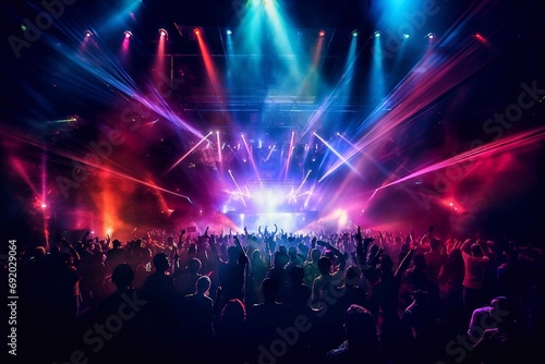 Concert crowd in front of bright stage lights with smoke and laser show