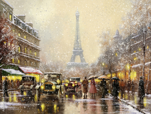 Paintings landscape, artwork, fine art. Winter in Paris, a beautiful old street,  the Eiffel Tower in the distance. Completely fictional plot.