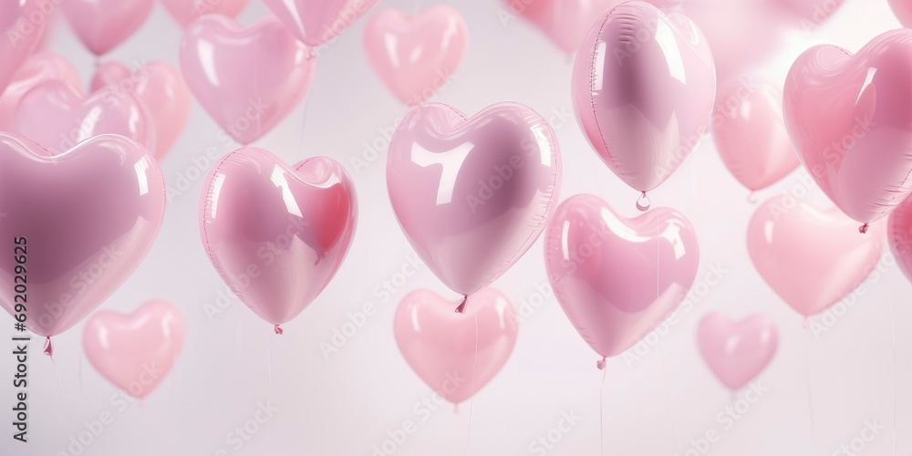 Pink heart balloons floating in the air. Pink balloons flying in the sky. 