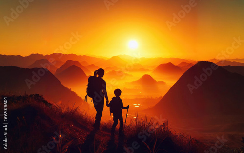 Mother and son watching the sunset at the mountains.