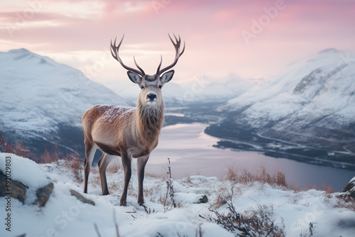 Majestic deer standing on a snowy hill with lake in the background © Andsx