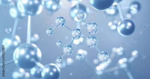 Polylactic acid, rotating 3D model of thermoplastic polyester, seamless looped video, molecular structure with selective focus