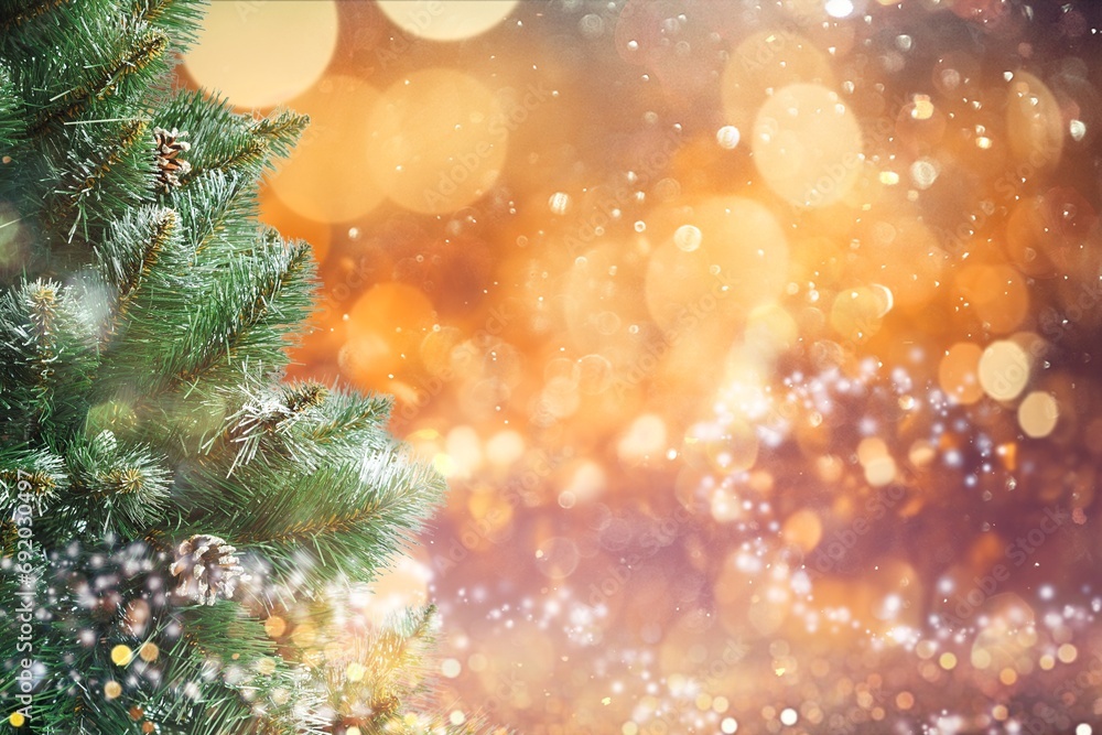 Naklejka premium Christmas Tree Decoration With Bright Lights