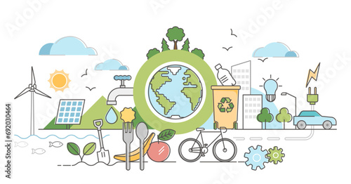 Eco friendly outline concept clean environment illustration, transparent background. Sustainable bio food, power or transportation to save planet or reduce global warming.