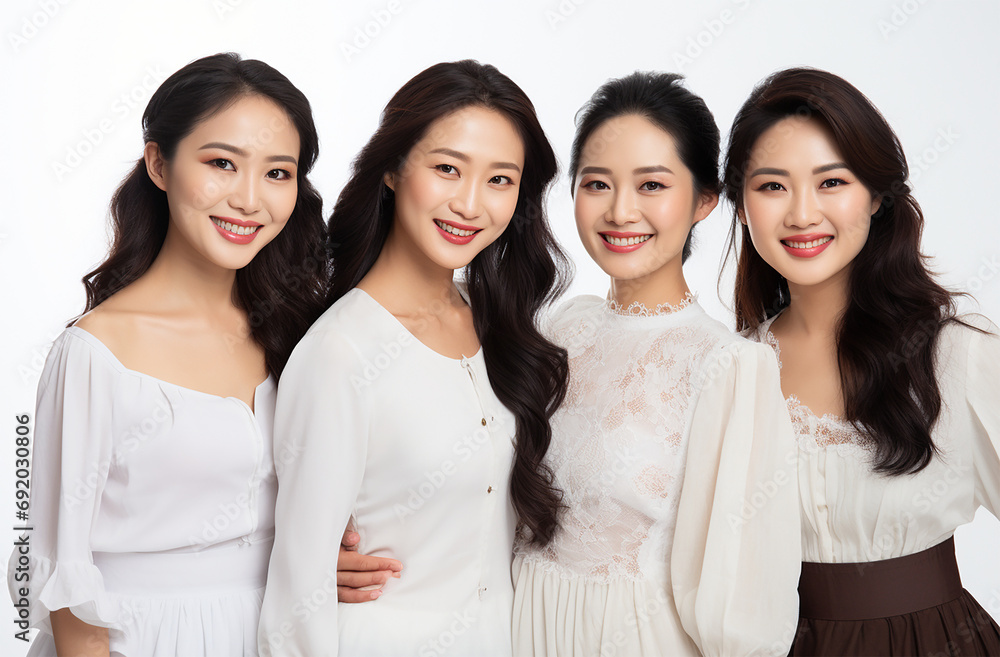 A group of asian models women looking at the camera and smiling with white background A group of asian models women looking at the camera and smiling with white background