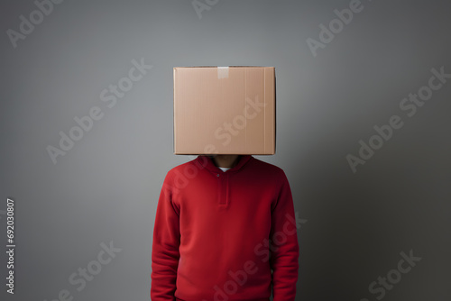 Man in red hoodie with cardboard box on his head on grey background