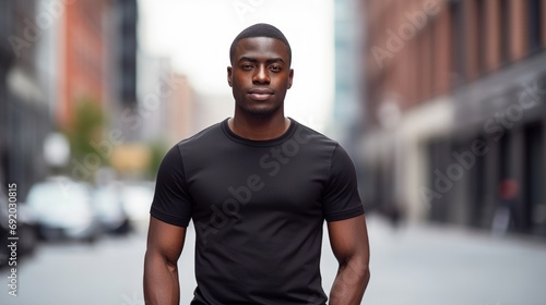 Young African american Model wearing black T-Shirt Mockup, in a city street T- Shirt Mockup Template on adult for design print