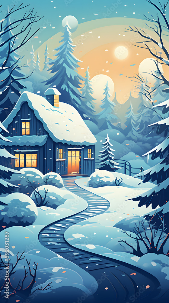 Winter landscape with house in the forest. illustration in cartoon style