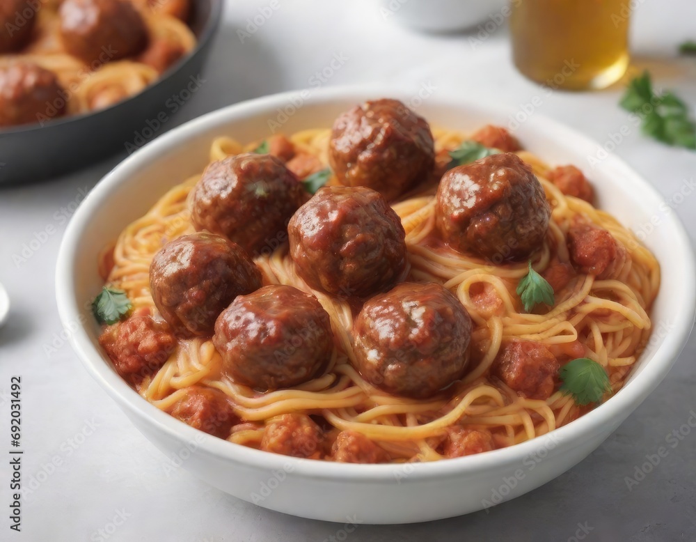 A plate of pasta with meatballs on a white table. Generative AI A plate of pasta with meatballs on a white table. Generative AI