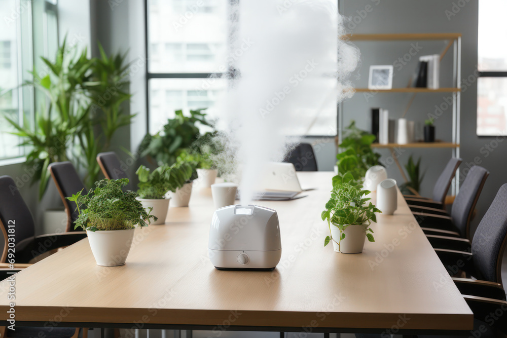 Humidifier Placed on an Office Table - Creating a Comfortable and Hydrated Environment. Humidifier Placed on an Office Table - Creating a Comfortable and Hydrated Environment.