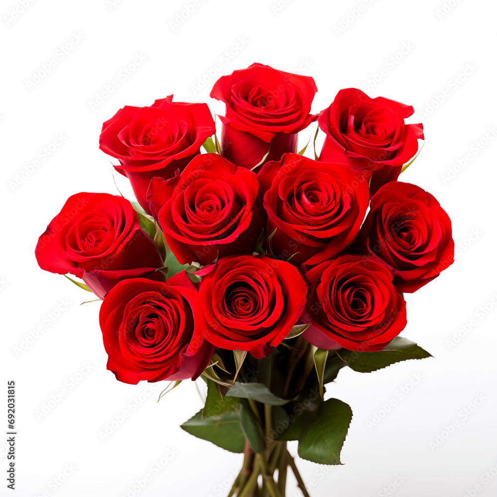 Vibrant red roses bouquet on white backdrop.
Vibrant red roses bouquet on white backdrop.