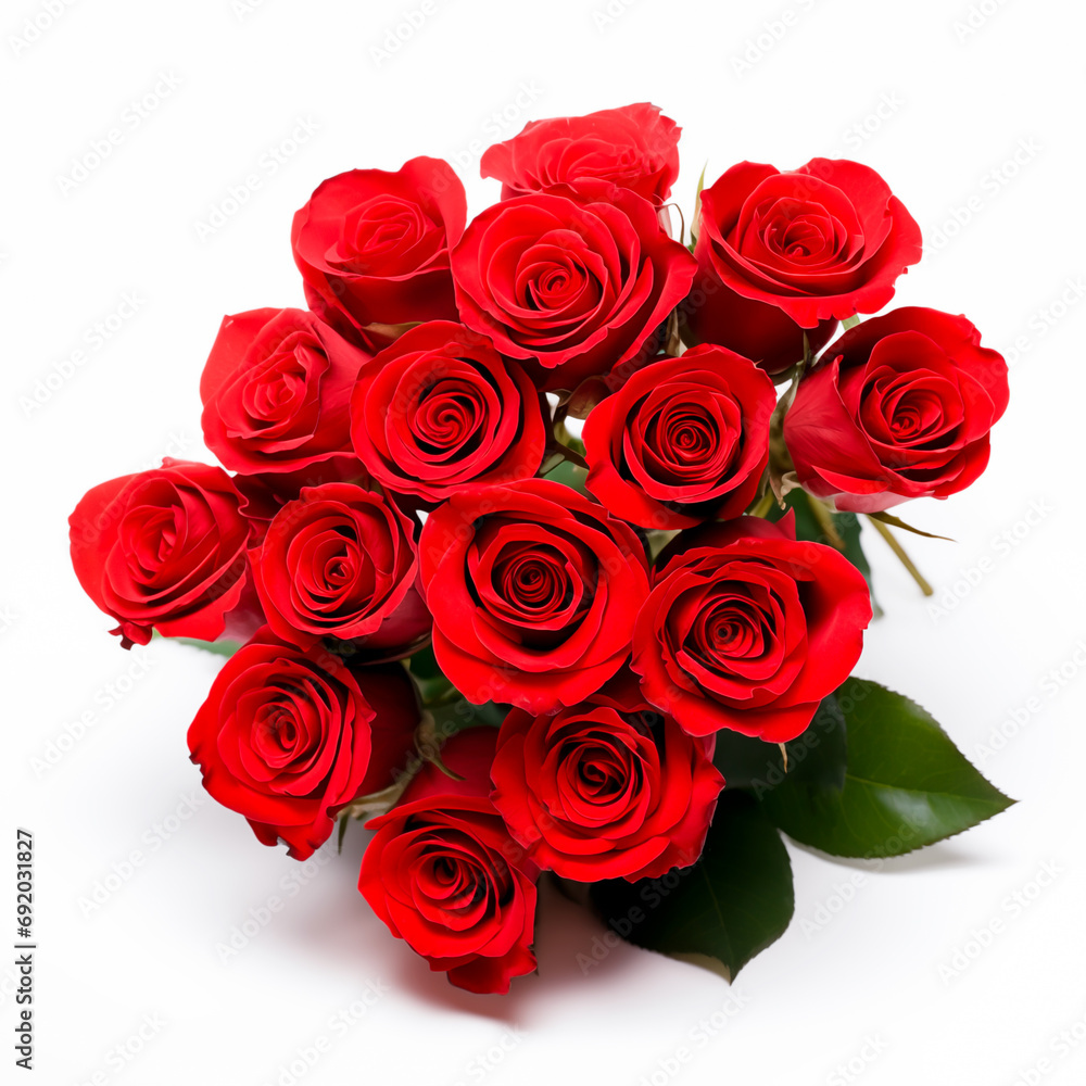 Vibrant red roses bouquet on white backdrop.
Vibrant red roses bouquet on white backdrop.