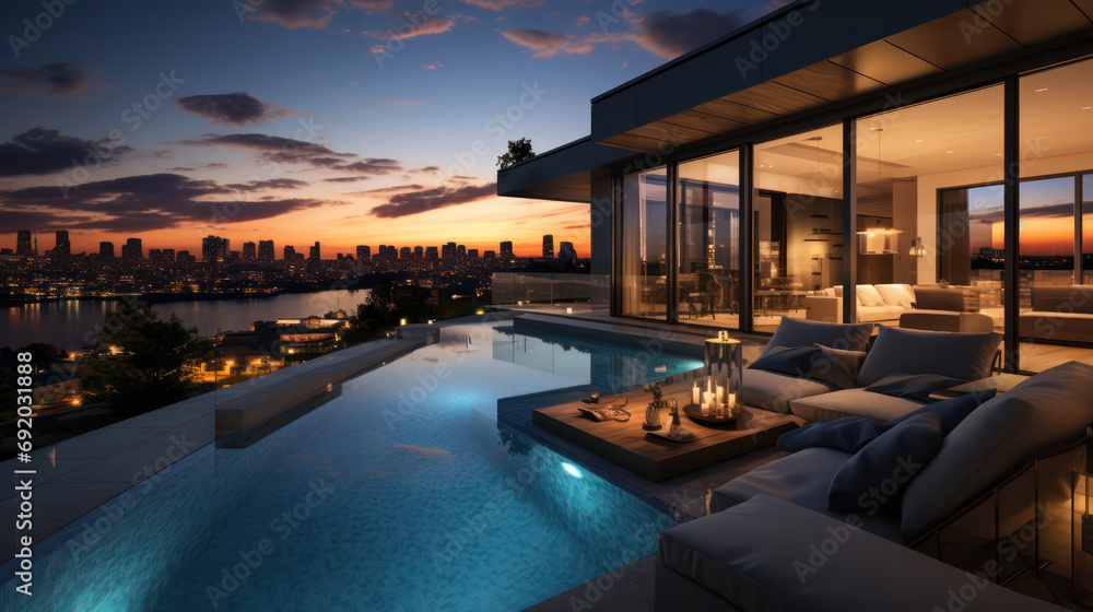 Luxury Modern Villa Boasts a Rooftop Pool, Offering Sunset Views Overlooking the Skyline.