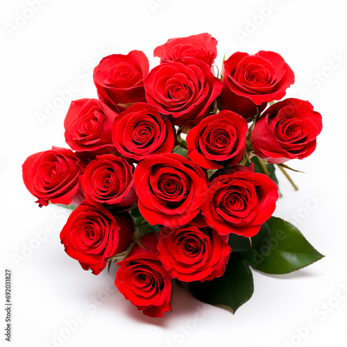 Vibrant red roses bouquet on white backdrop. 
