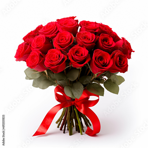 Bouquet of red roses with ribbon on white. 