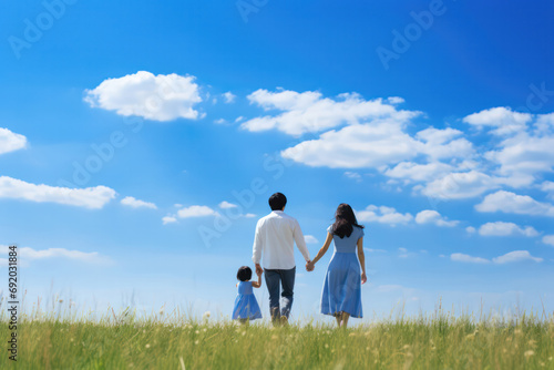 Family Stroll, Back View of Mom and Dad Walking with Baby Girl in the Grass, Beneath a Vast Sky. © pkproject