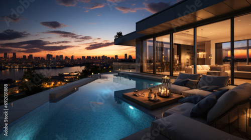 Luxury Modern Villa Boasts a Rooftop Pool, Offering Sunset Views Overlooking the Skyline. © pkproject