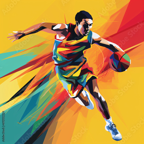 An exaggerated abstract cartoon watercolor illustration of an athlete playing basketball on a court with extremely athletic lines in a minimalist style