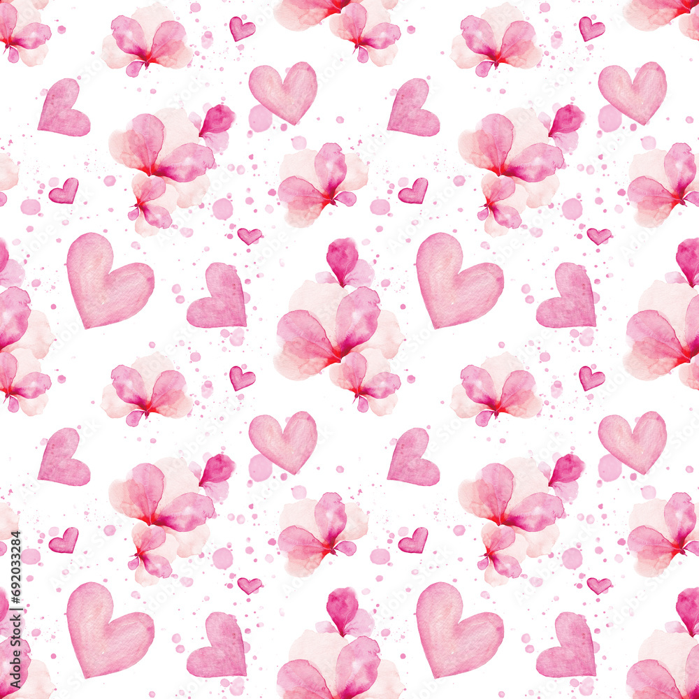 Pink hearts. Hand drawn watercolor seamless pattern of hearts. Valentine's Day. February 14th. The winter holidays. February. Law of couples. Love. Pink background. Texture. Spring. Flowers
