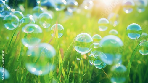 a playful display of colorful soap bubbles dancing gracefully amidst a field of fresh green grass, their translucent.