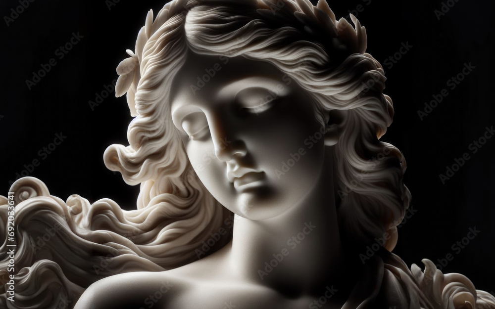 Ancient white marble sculpture head of young woman. Statue of sensual renaissance art era woman antique style. Face isolated on black background