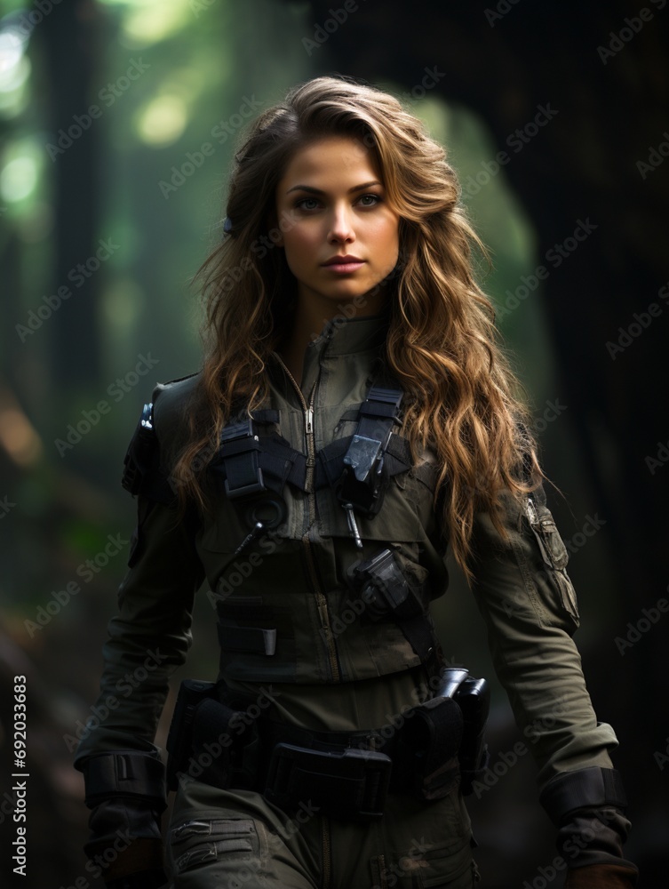 Beautiful young girl in full length military uniform with weapon in hands Beautiful young girl in full length military uniform with weapon in hands