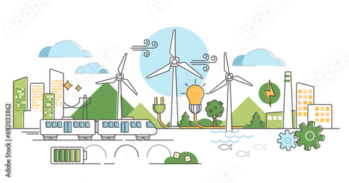 Wind energy illustration, transparent background. Green alternative power in outline concept. Air turbines producing electricity and supplies town.