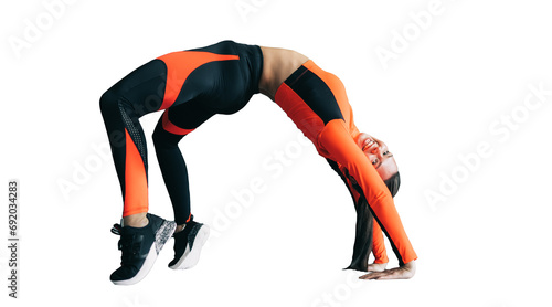 Cheerful hispanic young woman makes gymnastic bridge at flexibility workout, looks at camera toothy smiles. Caucasian girl in sportswear training against transparent background. Sport, fitness