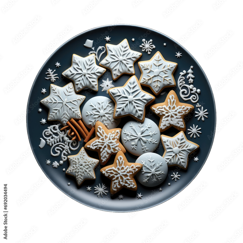 plate with Christmas cookies and snowflakes, transparent background