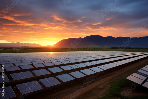 Renewable Energy Meets Nature's Beauty: Solar Farm Illuminated by the Warm Hues of Sunset, Symbolizing Eco-Friendly Power.