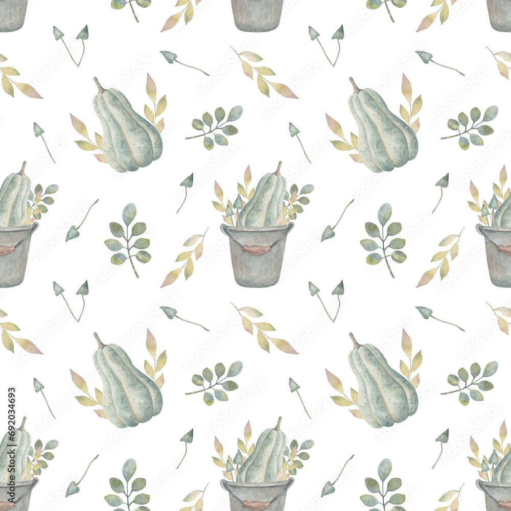 Watercolor seamless pattern. Composition of a bucket with pumpkin and various leaves with mushrooms. Retro style color combination. Seasonal background. Thanksgiving, harvest, agriculture, gardening. Watercolor seamless pattern. Composition of a bucket with pumpkin and various leaves with mushrooms. Retro style color combination. Seasonal background. Thanksgiving, harvest, agriculture, gardening.