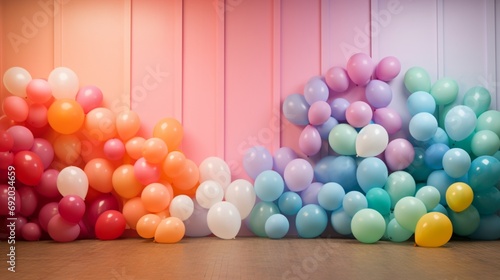 a rainbow-colored wall provides a stunning background for a cluster of balloons in different shades.